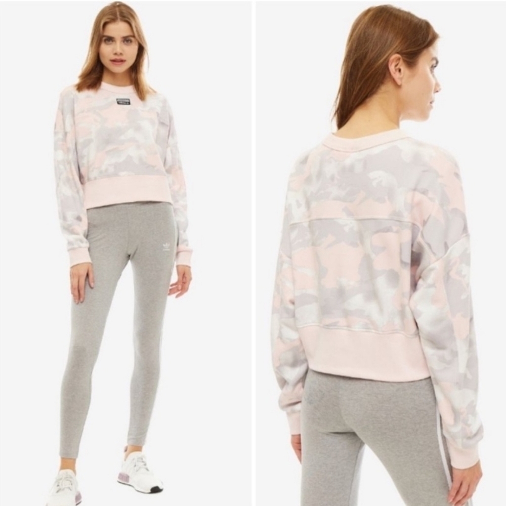 ADIDAS Orginal Camo Cropped Sweatshirt Sweater Pink Gray Size Small - Picture 1 of 10